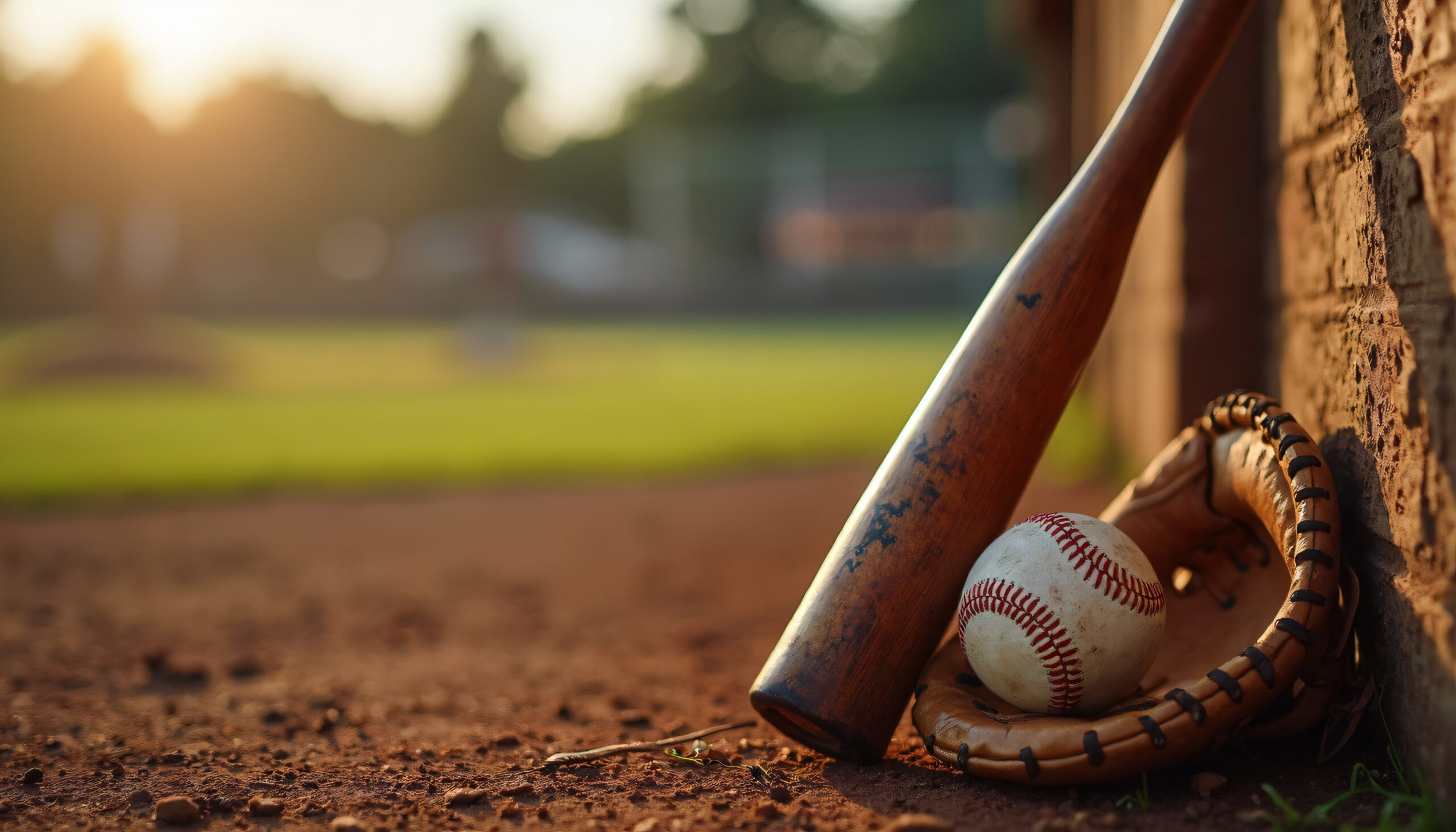 Baseball equipment - bat, glove, and ball - leaning against a brick wall on a dirt surface.
